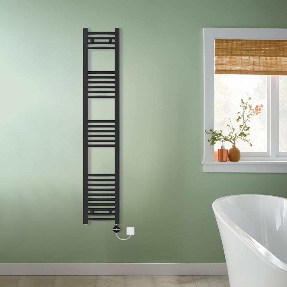 (Black, 1600x300mm) NRG Prefilled Thermostatic Electric Curved Heated Towel Rail Radiator