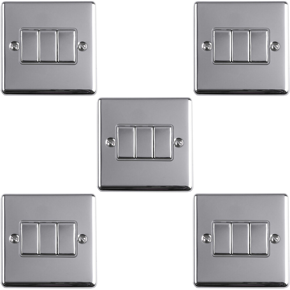 5 PACK 3 Gang Triple Metal Light Switch POLISHED CHROME 2 Way 10A GREY Trim