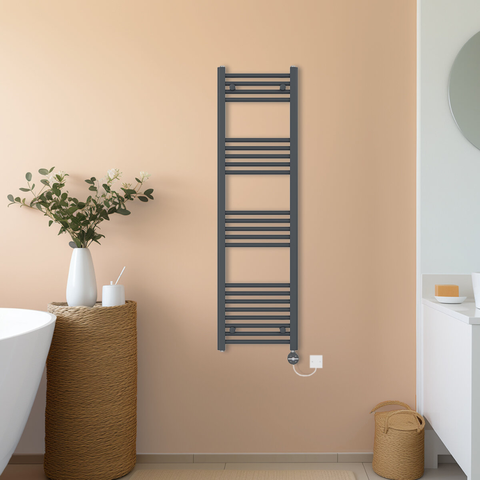 (Anthracite, 1400x400mm) NRG Prefilled Thermostatic Electric Straight Heated Towel Rail Radiator