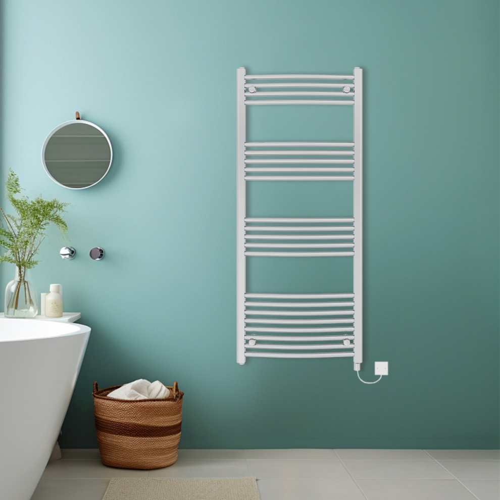 (Chrome, 1400x600mm) Bathroom Curved Prefilled Electric Heated Towel Rail Ladder Warmer Radiator