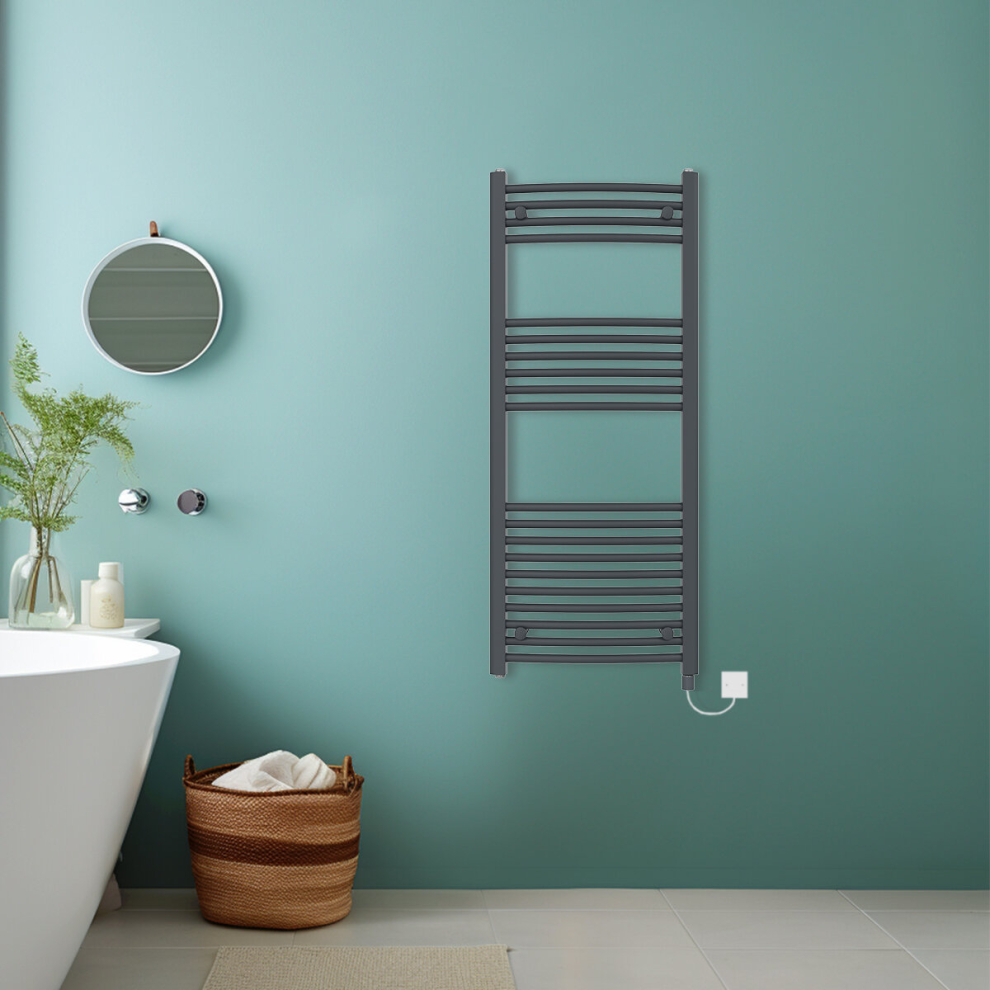 (Anthracite, 1200x500mm) Bathroom Curved Prefilled Electric Heated Towel Rail Ladder Warmer Radiator