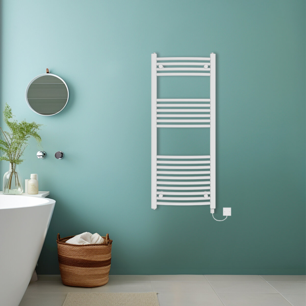 (White, 1200x500mm) Bathroom Curved Prefilled Electric Heated Towel Rail Ladder Warmer Radiator