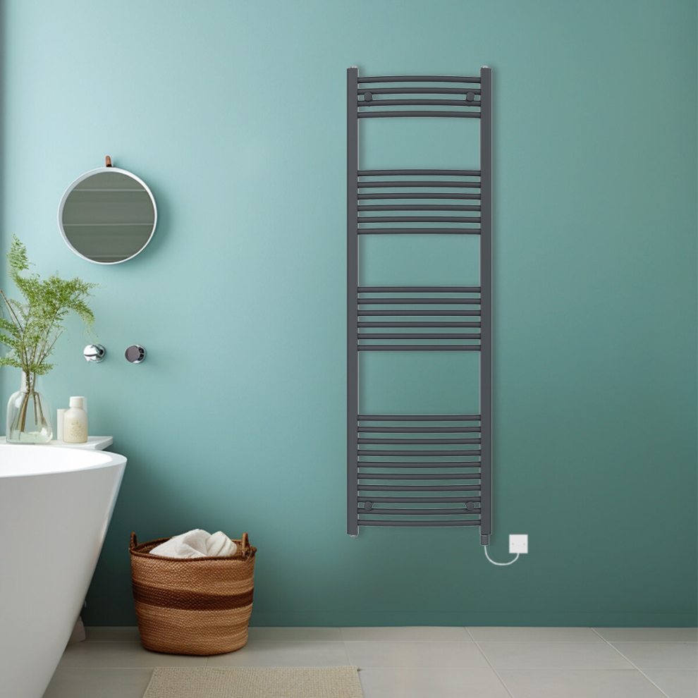 (Anthracite, 1600x500mm) Bathroom Curved Prefilled Electric Heated Towel Rail Ladder Warmer Radiator