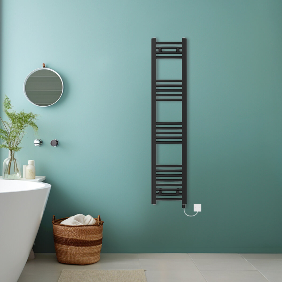 (Black, 1400x300mm) Bathroom Curved Prefilled Electric Heated Towel Rail Ladder Warmer Radiator