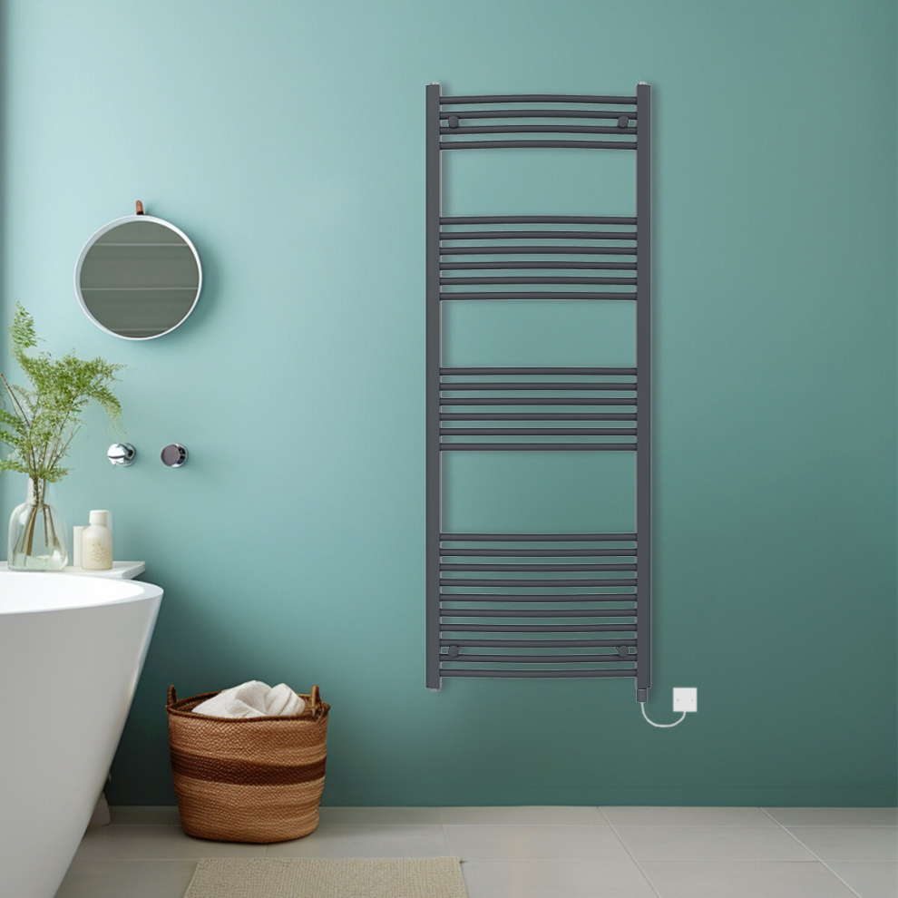 (Anthracite, 1600x600mm) Bathroom Curved Prefilled Electric Heated Towel Rail Ladder Warmer Radiator