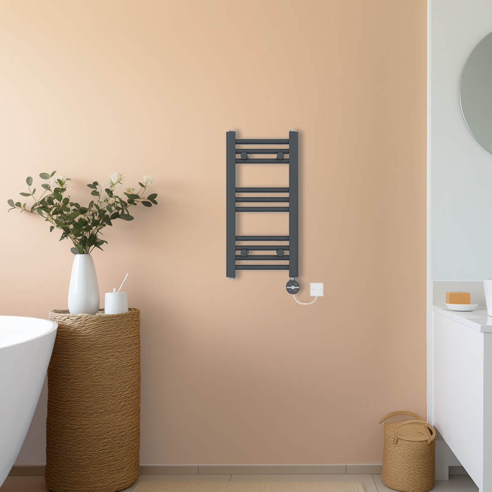 (Anthracite, 600x300mm) NRG Prefilled Thermostatic Electric Straight Heated Towel Rail Radiator