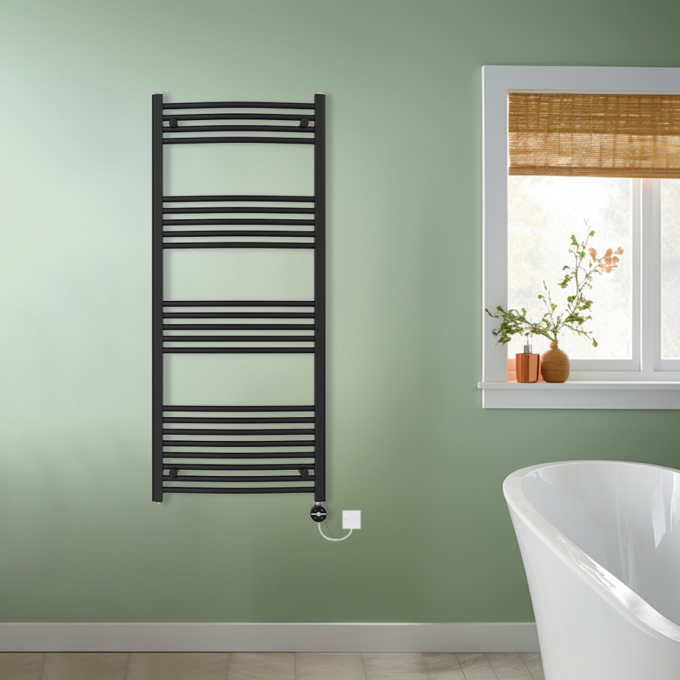 (Black, 1400x600mm) NRG Prefilled Thermostatic Electric Curved Heated Towel Rail Radiator