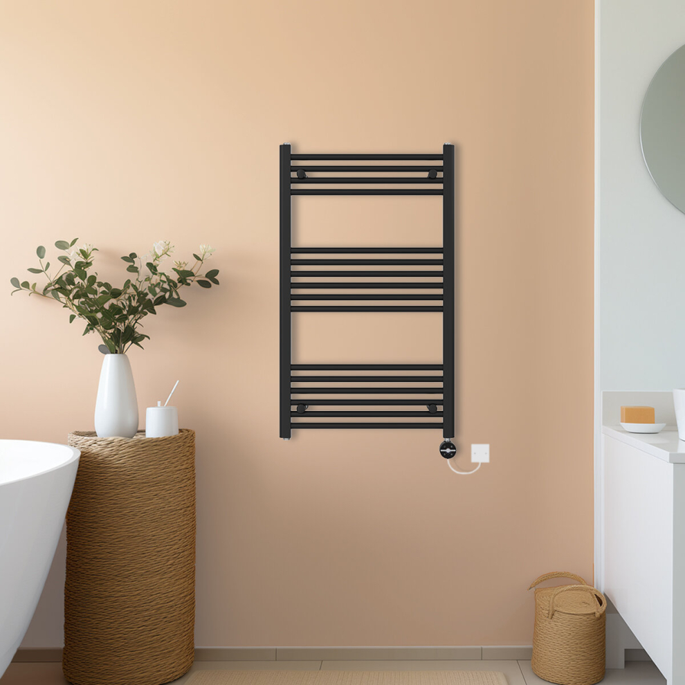 (Black, 1000x600mm) NRG Prefilled Thermostatic Electric Straight Heated Towel Rail Radiator