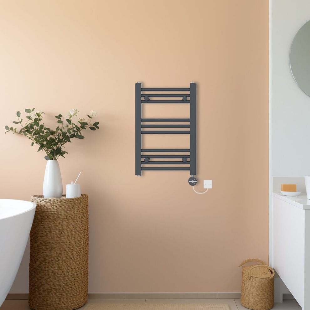 (Anthracite, 600x400mm) NRG Prefilled Thermostatic Electric Straight Heated Towel Rail Radiator