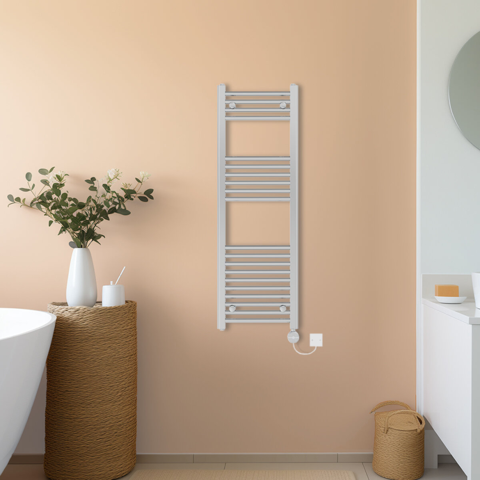 (Chrome, 1200x400mm) NRG Prefilled Thermostatic Electric Straight Heated Towel Rail Radiator