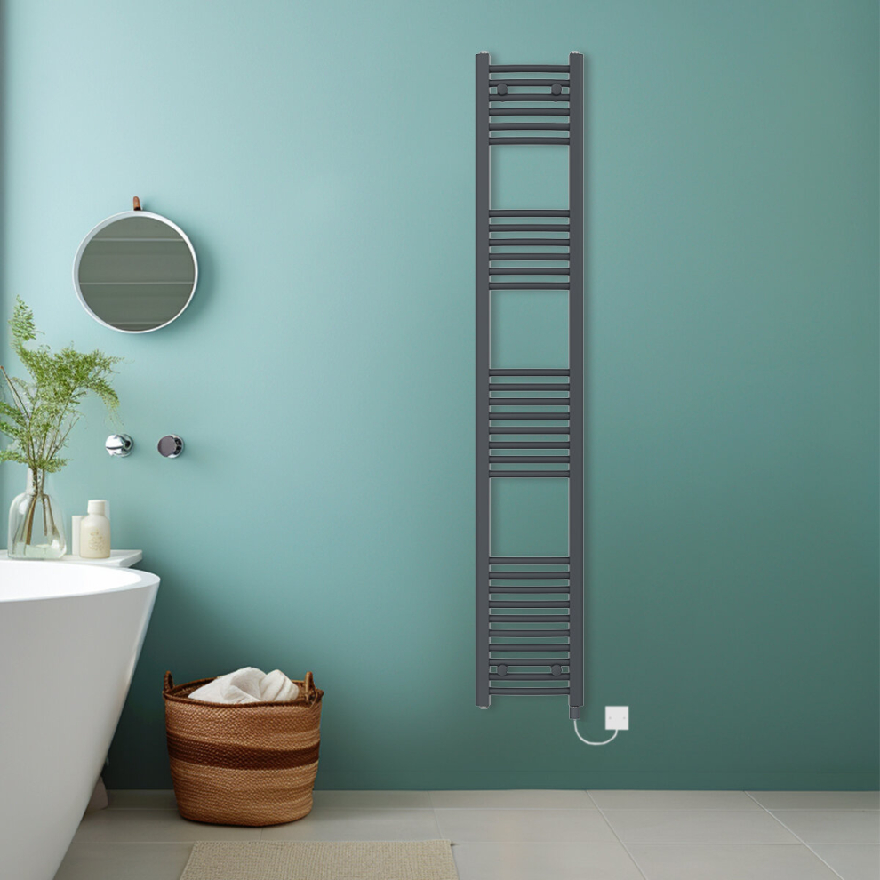 (Anthracite, 1800x300mm) Bathroom Curved Prefilled Electric Heated Towel Rail Ladder Warmer Radiator