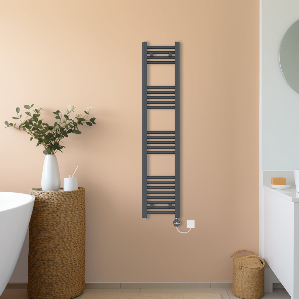 (Anthracite, 1400x300mm) NRG Prefilled Thermostatic Electric Straight Heated Towel Rail Radiator