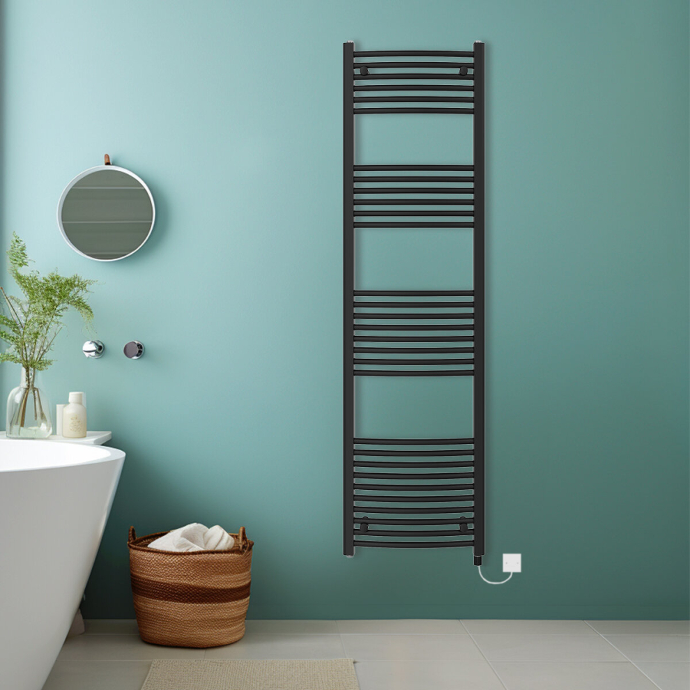 (Black, 1800x500mm) Bathroom Curved Prefilled Electric Heated Towel Rail Ladder Warmer Radiator