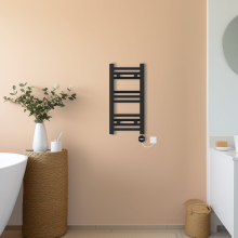 (Black, 600x300mm) NRG Prefilled Thermostatic Electric Straight Heated Towel Rail Radiator