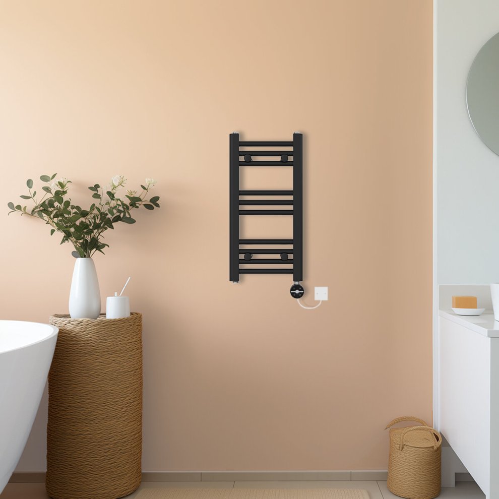 (Black, 600x300mm) NRG Prefilled Thermostatic Electric Straight Heated Towel Rail Radiator