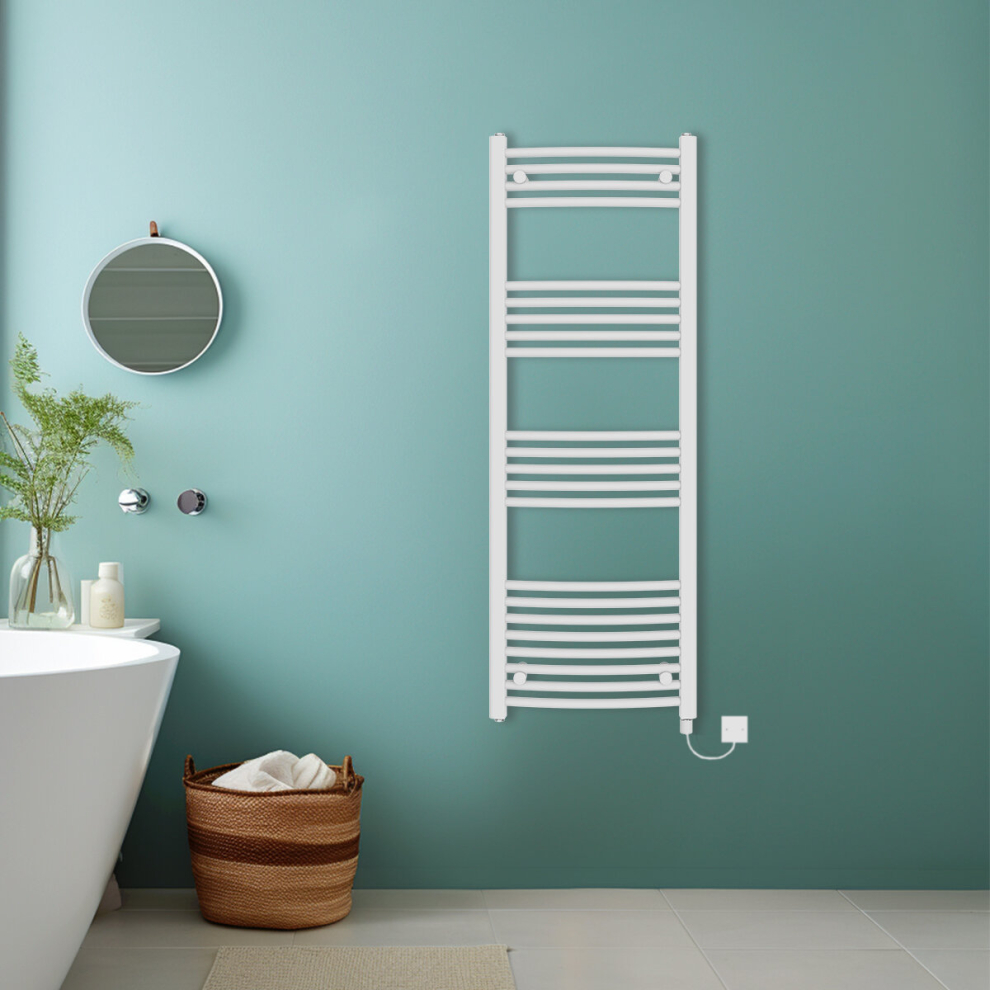 (White, 1400x500mm) Bathroom Curved Prefilled Electric Heated Towel Rail Ladder Warmer Radiator