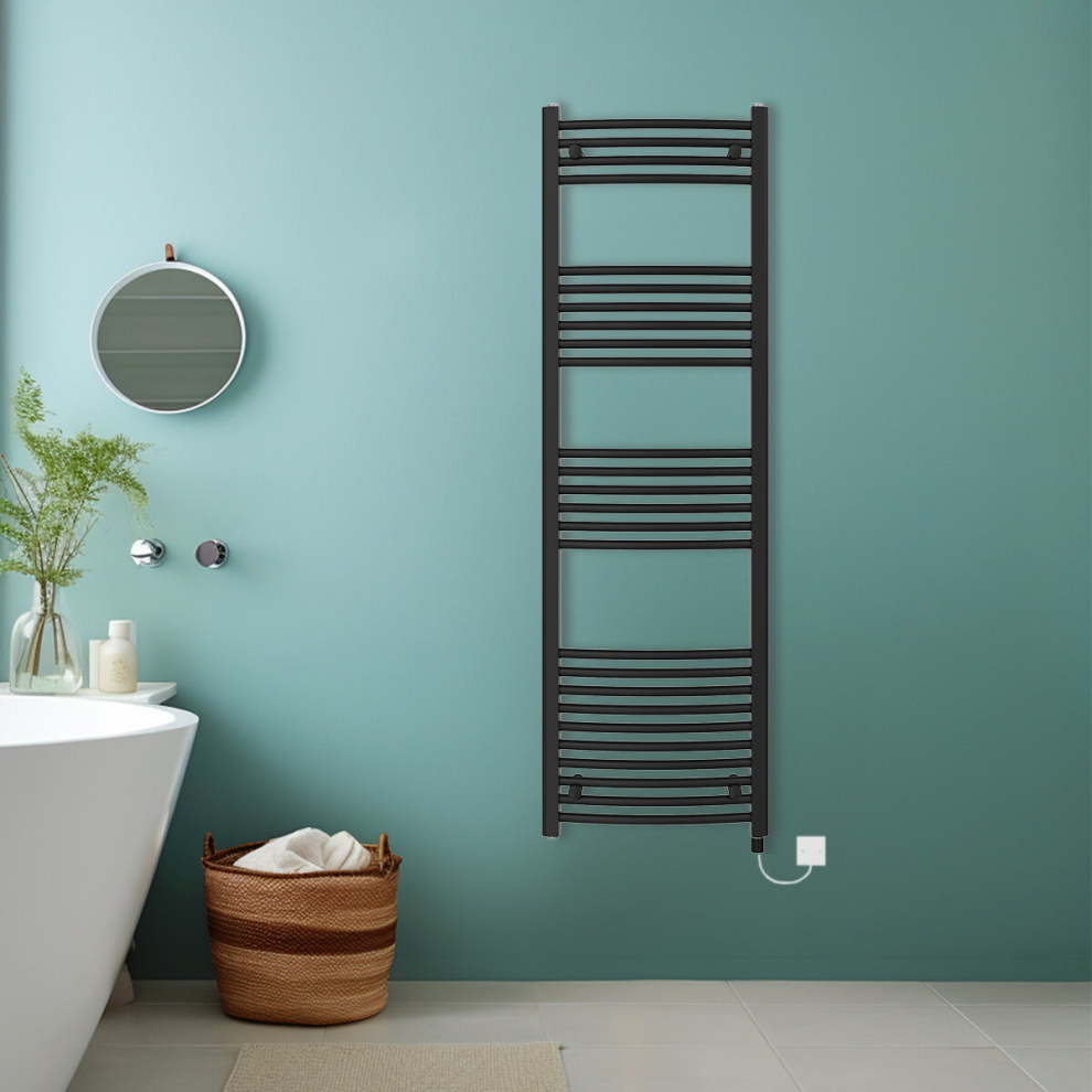 (Black, 1600x500mm) Bathroom Curved Prefilled Electric Heated Towel Rail Ladder Warmer Radiator