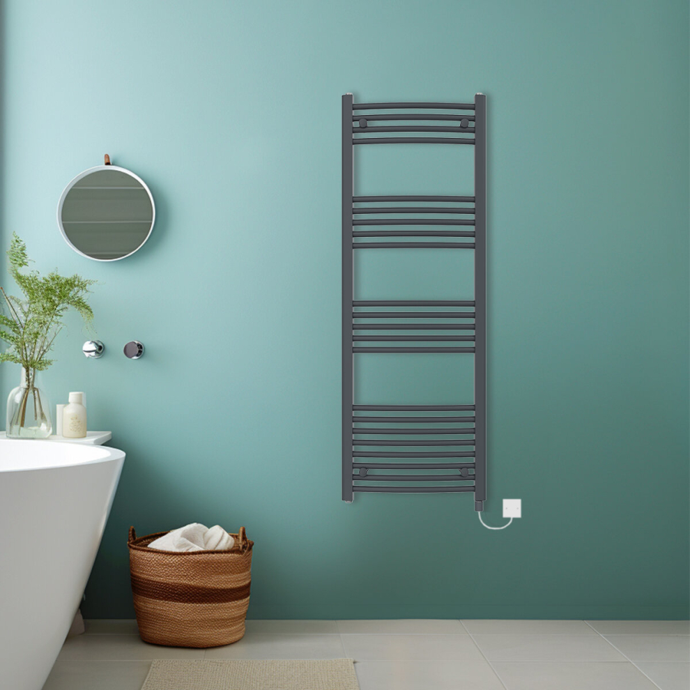 (Anthracite, 1400x500mm) Bathroom Curved Prefilled Electric Heated Towel Rail Ladder Warmer Radiator