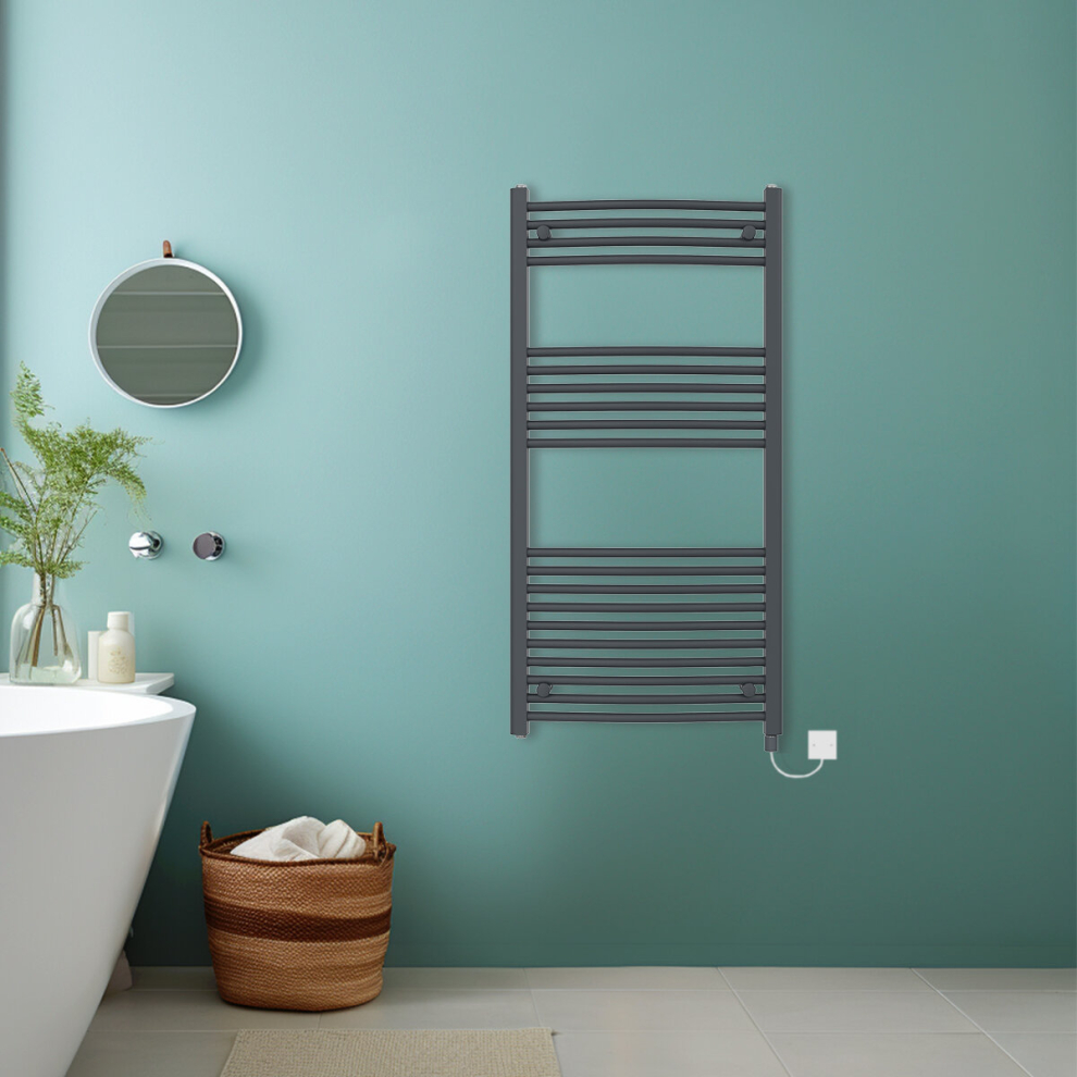 (Anthracite, 1200x600mm) Bathroom Curved Prefilled Electric Heated Towel Rail Ladder Warmer Radiator