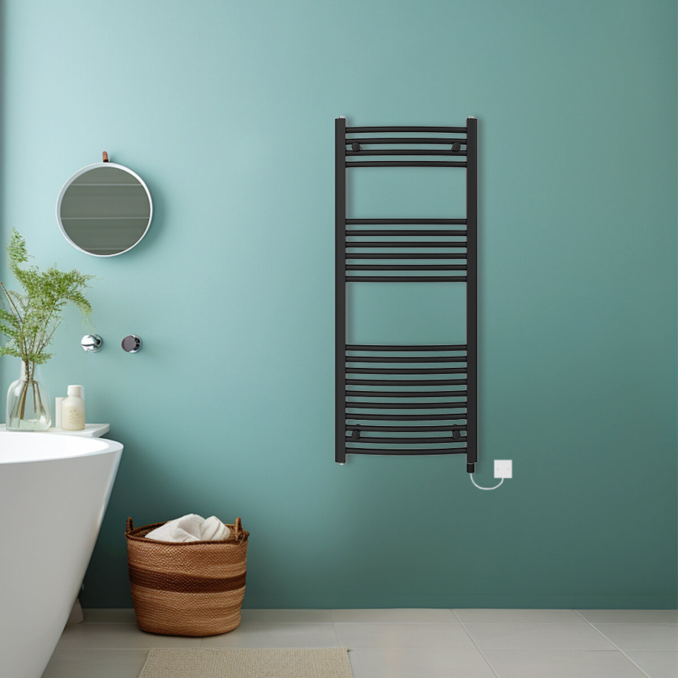 (Black, 1200x500mm) Bathroom Curved Prefilled Electric Heated Towel Rail Ladder Warmer Radiator