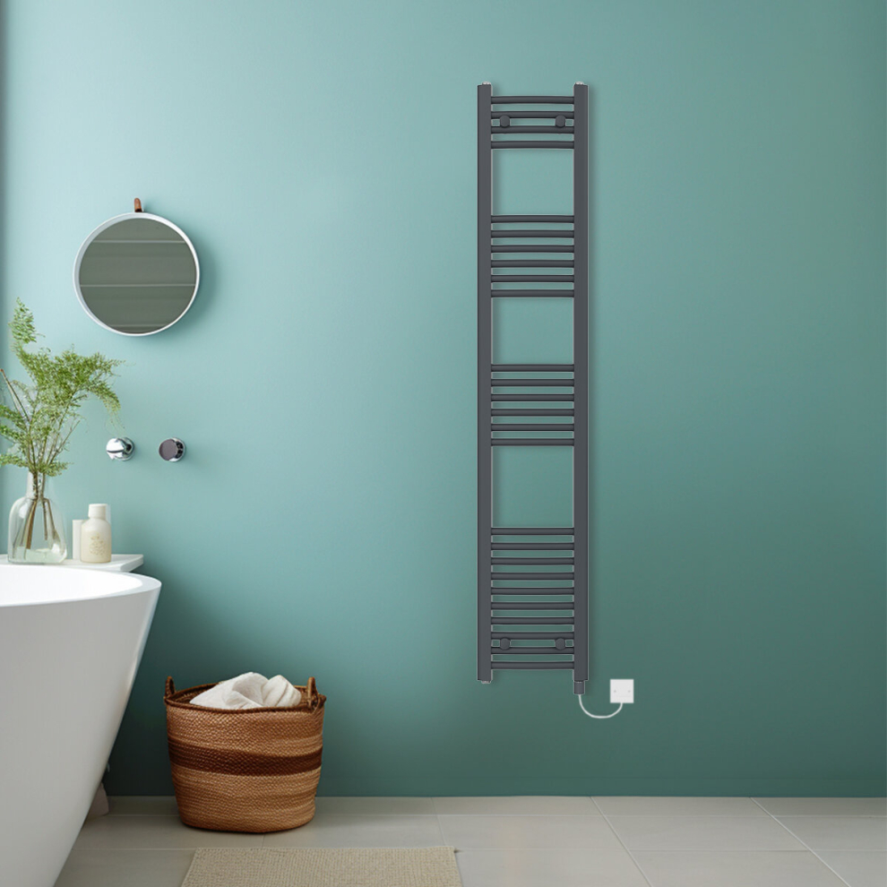 (Anthracite, 1600x300mm) Bathroom Curved Prefilled Electric Heated Towel Rail Ladder Warmer Radiator