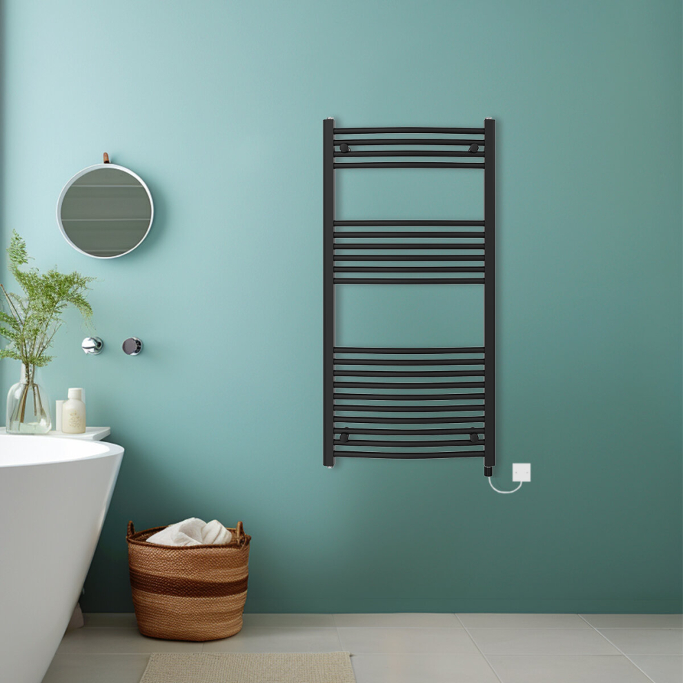 (Black, 1200x600mm) Bathroom Curved Prefilled Electric Heated Towel Rail Ladder Warmer Radiator