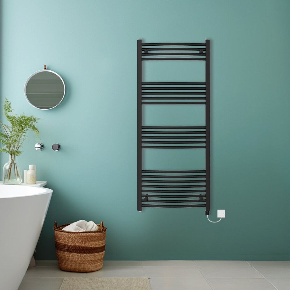 (Black, 1400x600mm) Bathroom Curved Prefilled Electric Heated Towel Rail Ladder Warmer Radiator