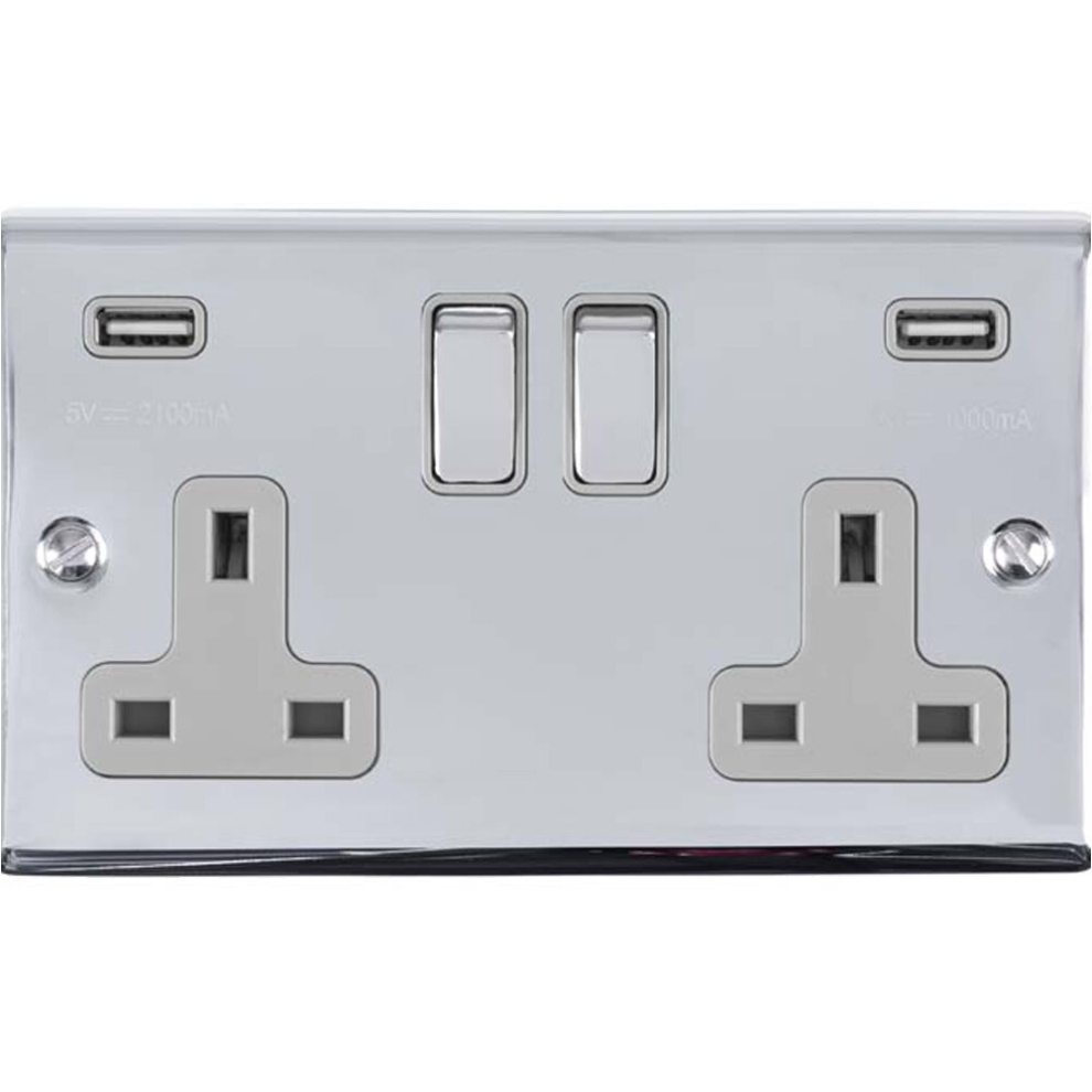 2 Gang Double UK Plug Socket & 2.1A USB-A Charger CHROME & GREY 13A Switched