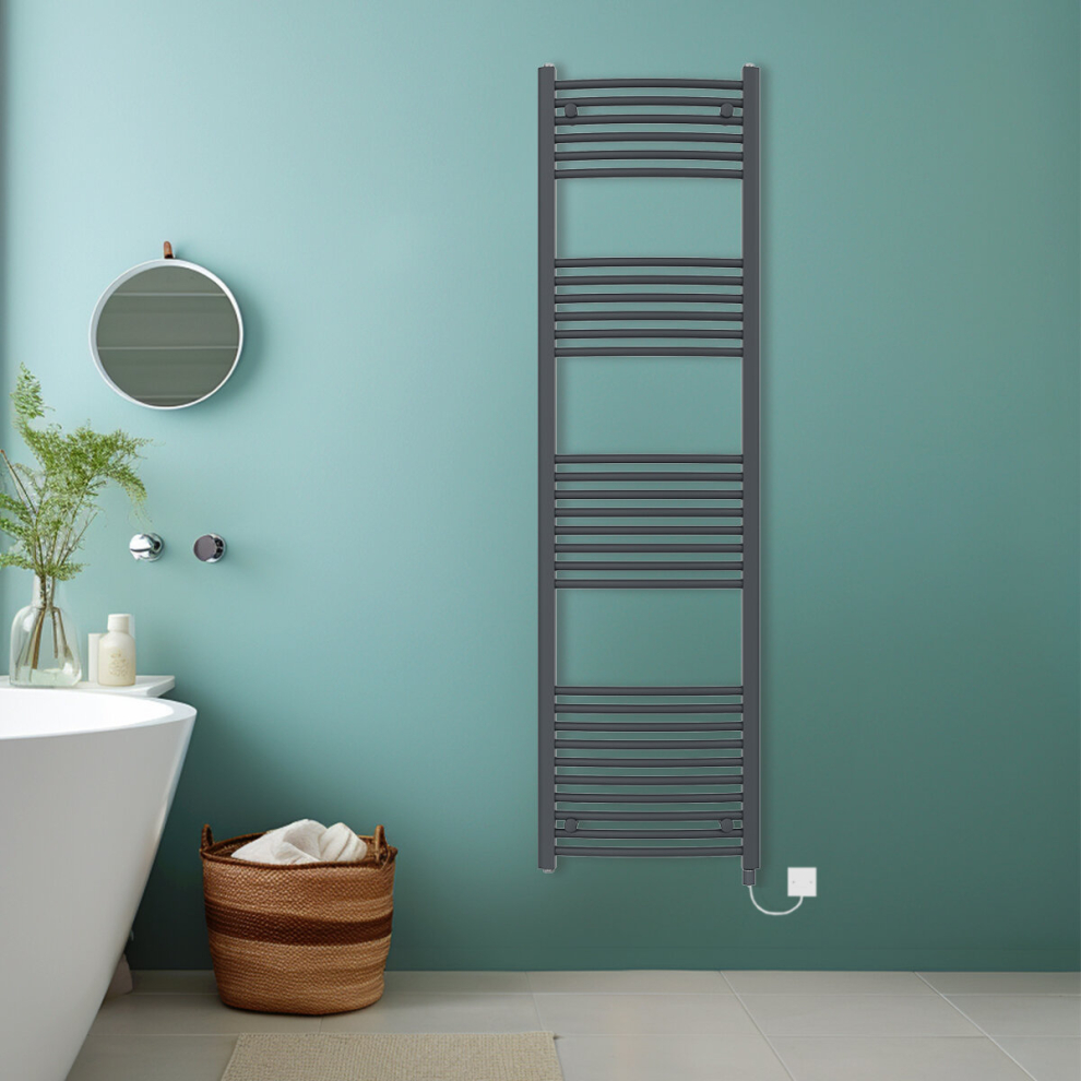 (Anthracite, 1800x500mm) Bathroom Curved Prefilled Electric Heated Towel Rail Ladder Warmer Radiator