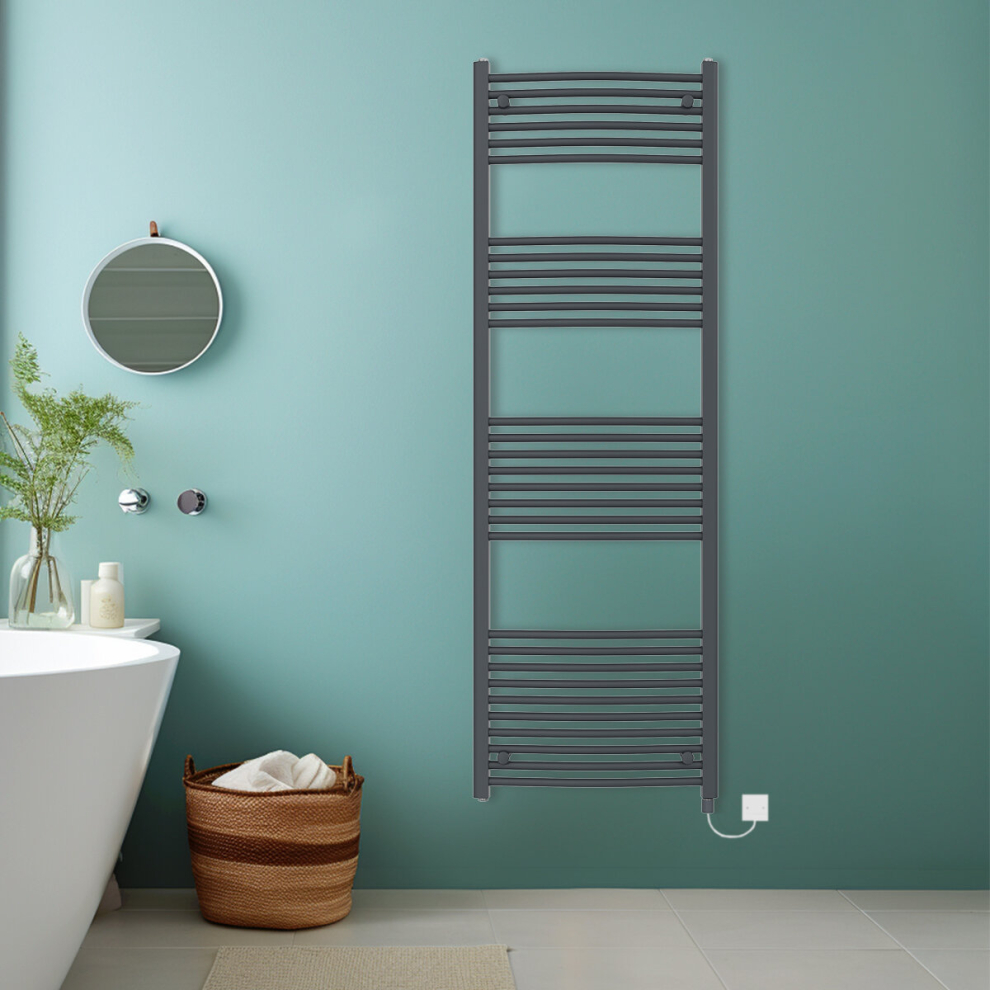 (Anthracite, 1800x600mm) Bathroom Curved Prefilled Electric Heated Towel Rail Ladder Warmer Radiator