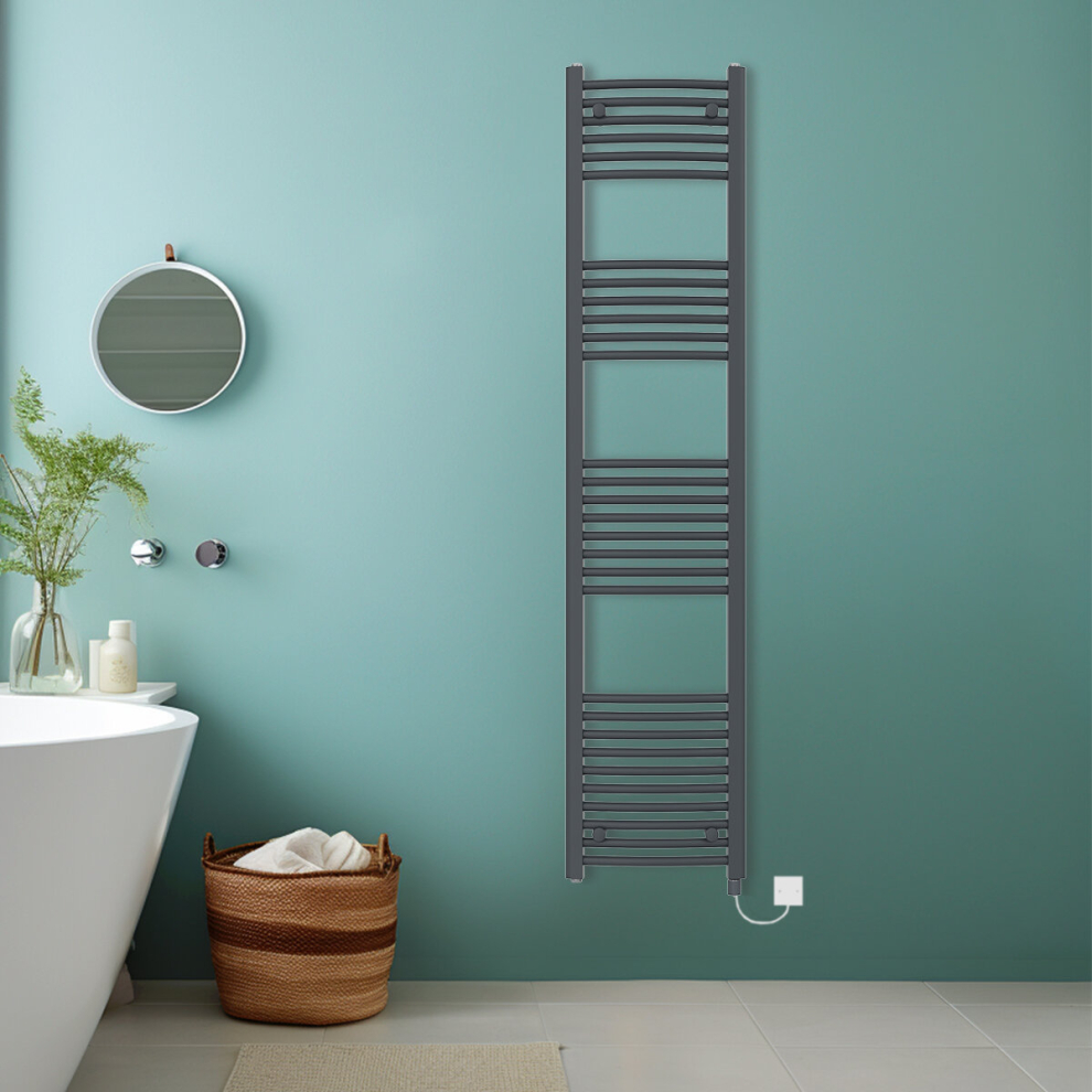 (Anthracite, 1800x400mm) Bathroom Curved Prefilled Electric Heated Towel Rail Ladder Warmer Radiator