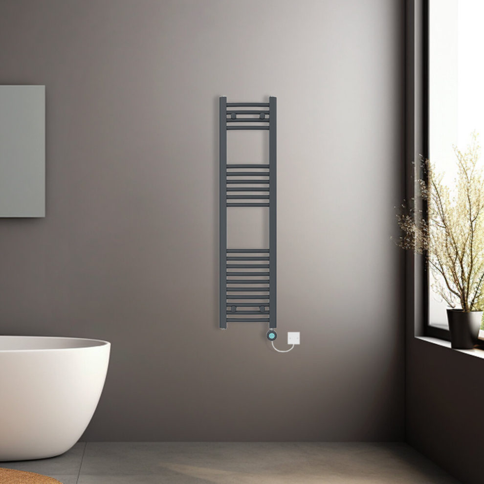 (Anthracite, 1200x300mm) Pre-filled Electric Curved Heated Towel Rail Radiator Thermostatic