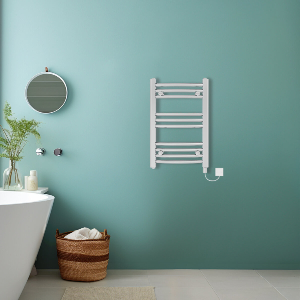 (Chrome, 600x400mm) Bathroom Curved Prefilled Electric Heated Towel Rail Ladder Warmer Radiator