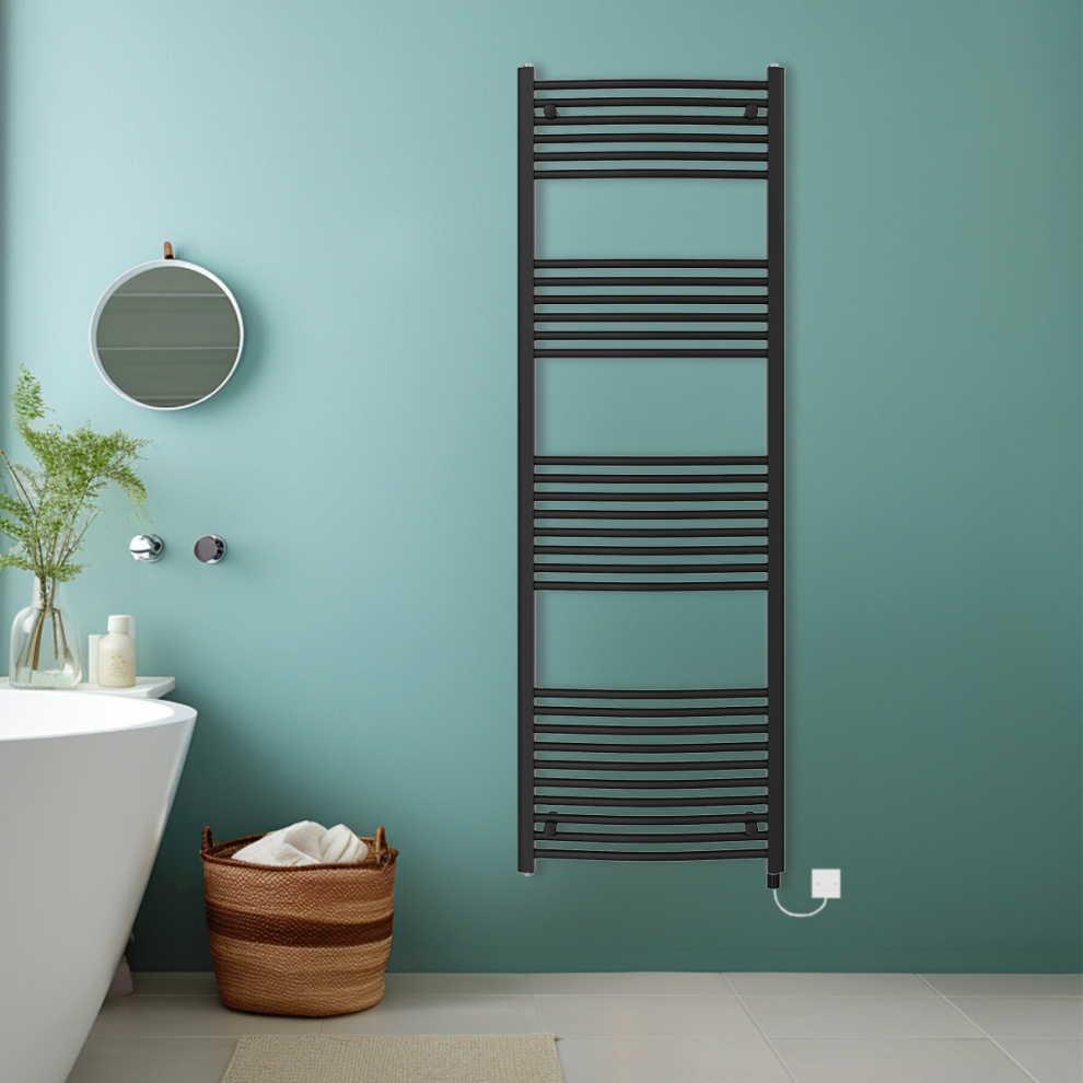 (Black, 1800x600mm) Bathroom Curved Prefilled Electric Heated Towel Rail Ladder Warmer Radiator