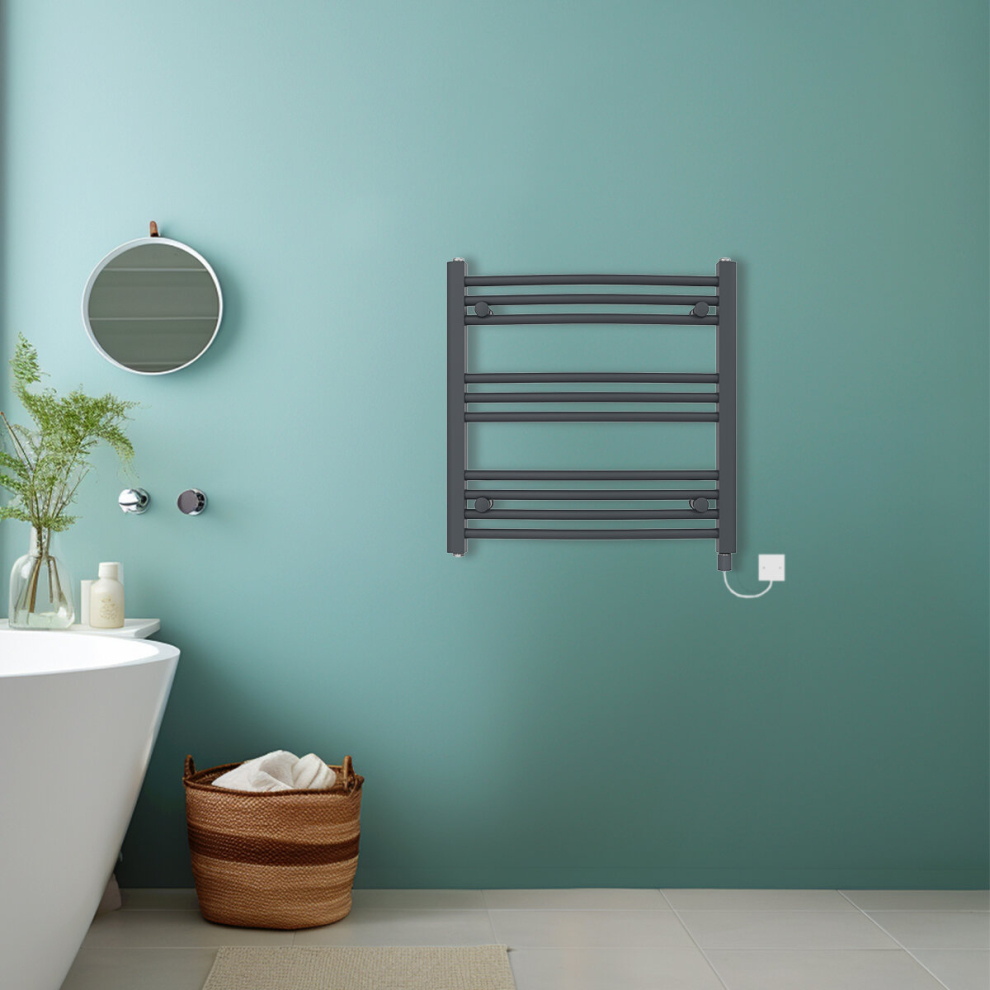 (Anthracite, 600x600mm) Bathroom Curved Prefilled Electric Heated Towel Rail Ladder Warmer Radiator