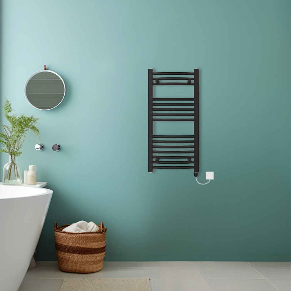 (Black, 800x400mm) Bathroom Curved Prefilled Electric Heated Towel Rail Ladder Warmer Radiator