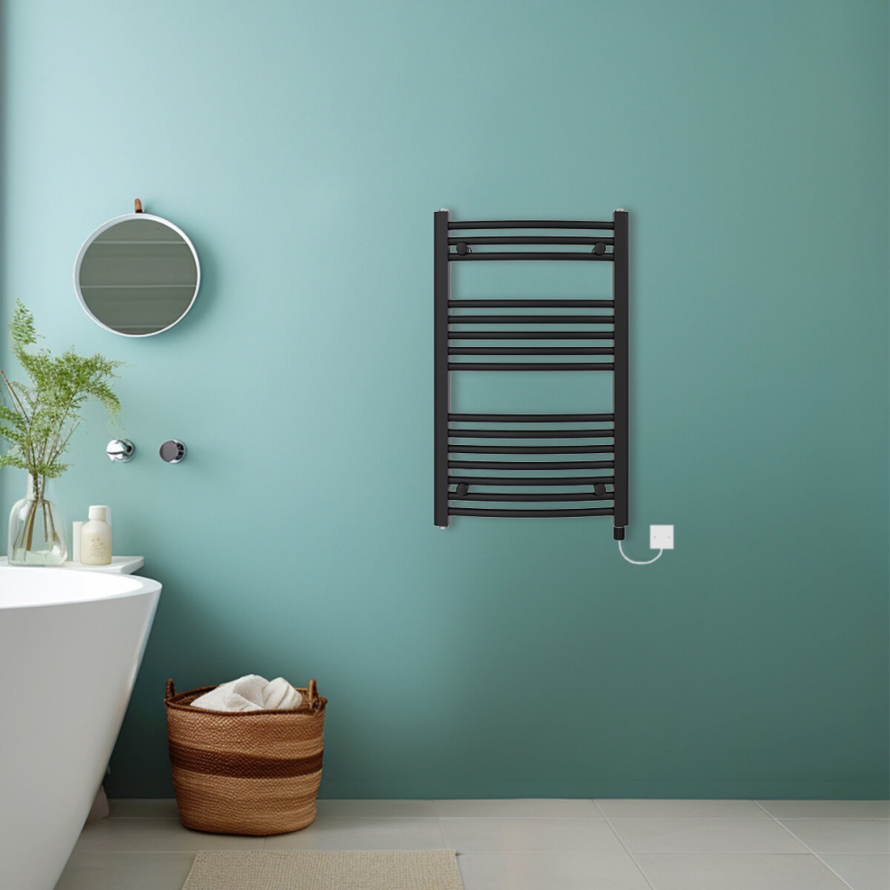 (Black, 800x500mm) Bathroom Curved Prefilled Electric Heated Towel Rail Ladder Warmer Radiator