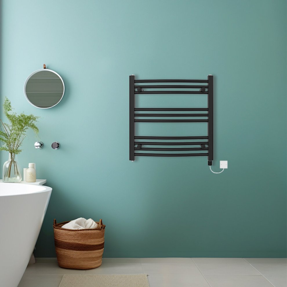 (Black, 600x600mm) Bathroom Curved Prefilled Electric Heated Towel Rail Ladder Warmer Radiator