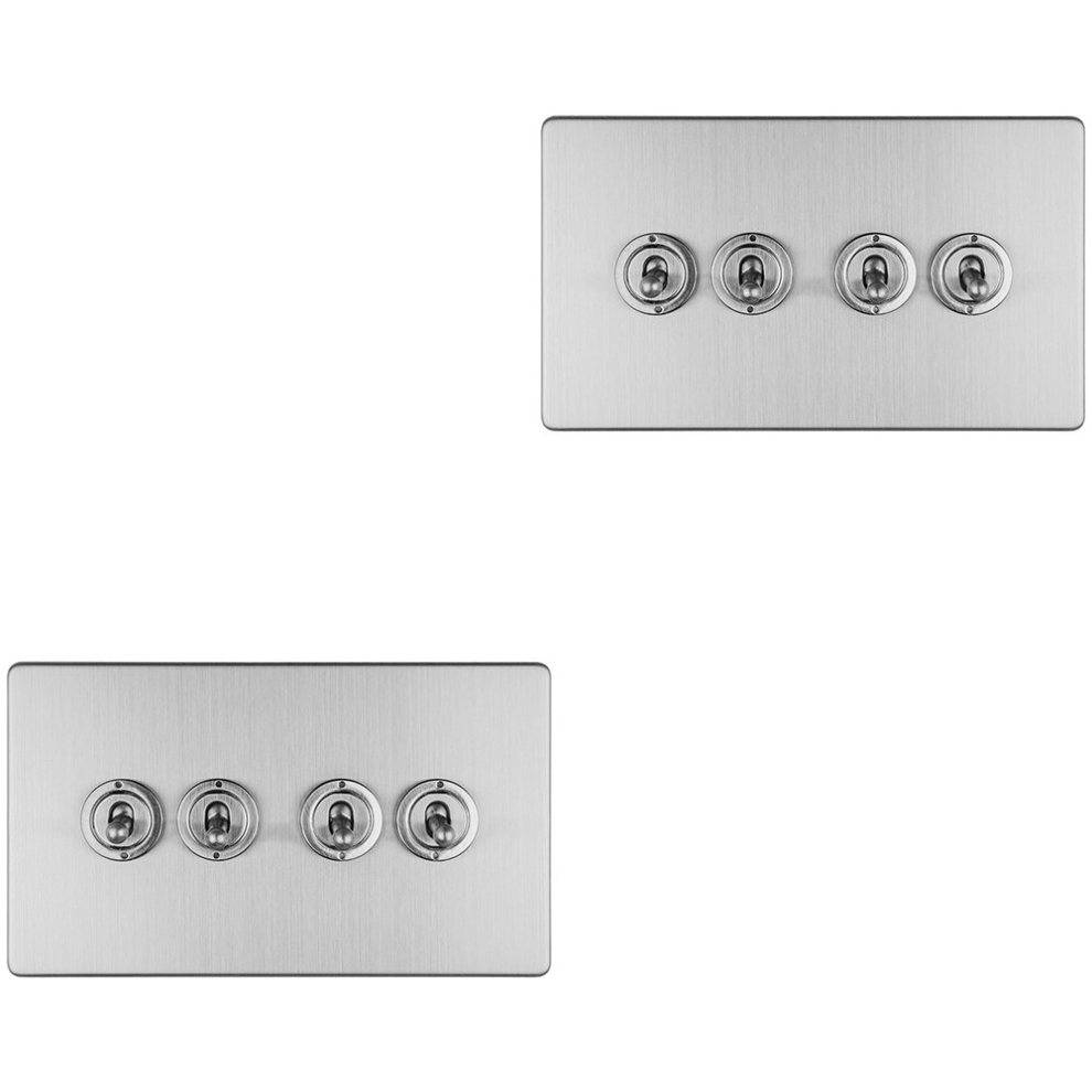 Loops 2 Pack 4 Gang Quad Retro Toggle Light Switch Screwless Satin Steel 10A 2 Way
