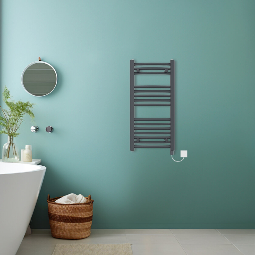 (Anthracite, 800x400mm) Bathroom Curved Prefilled Electric Heated Towel Rail Ladder Warmer Radiator