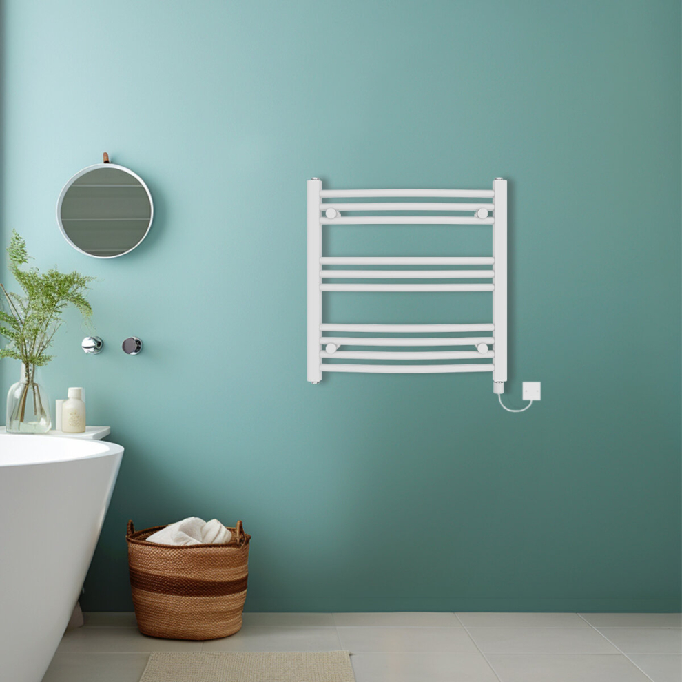 (White, 600x600mm) Bathroom Curved Prefilled Electric Heated Towel Rail Ladder Warmer Radiator