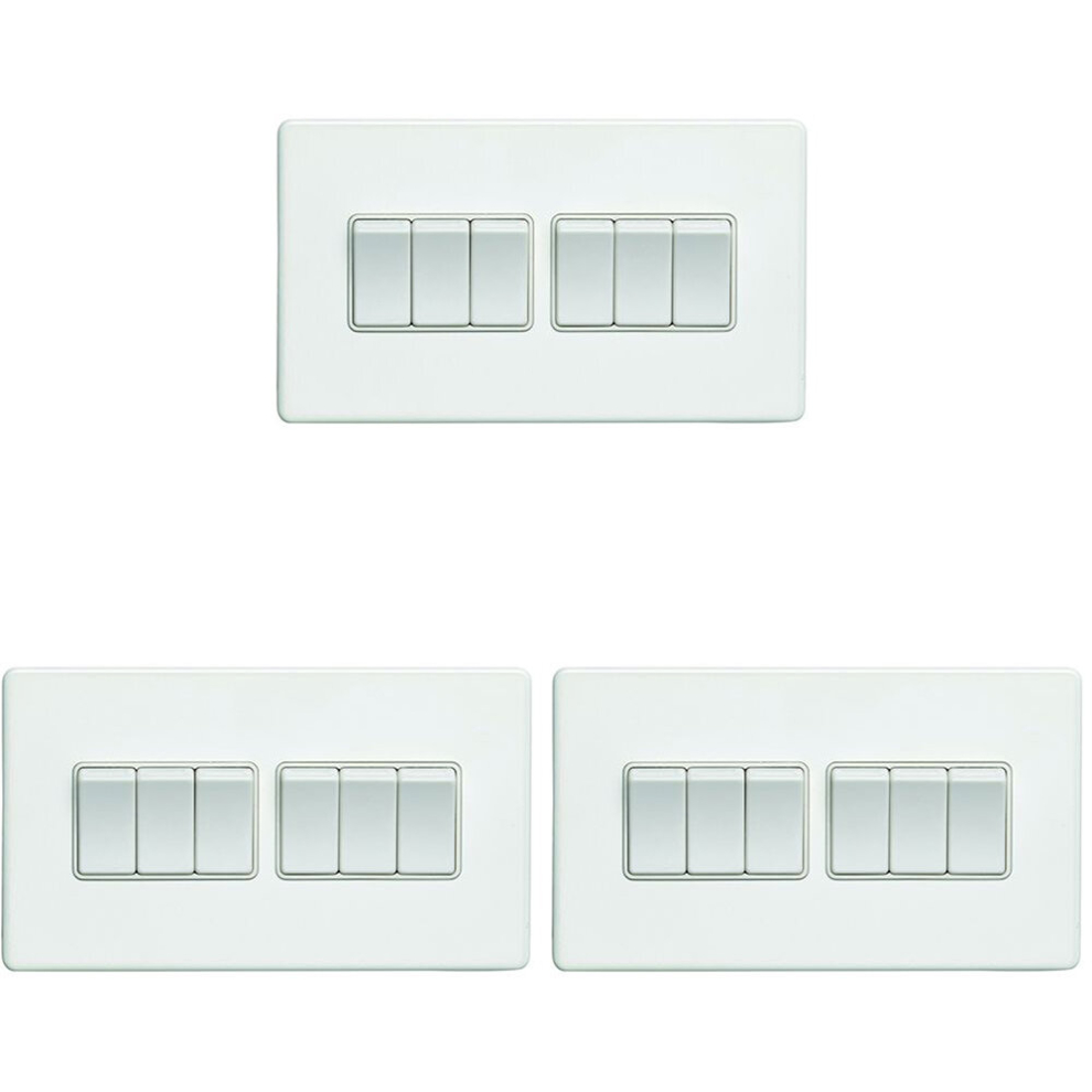 3 PACK 6 Gang Multi Light Switch SCREWLESS MATT WHITE 2 Way 10A Slim Rocker