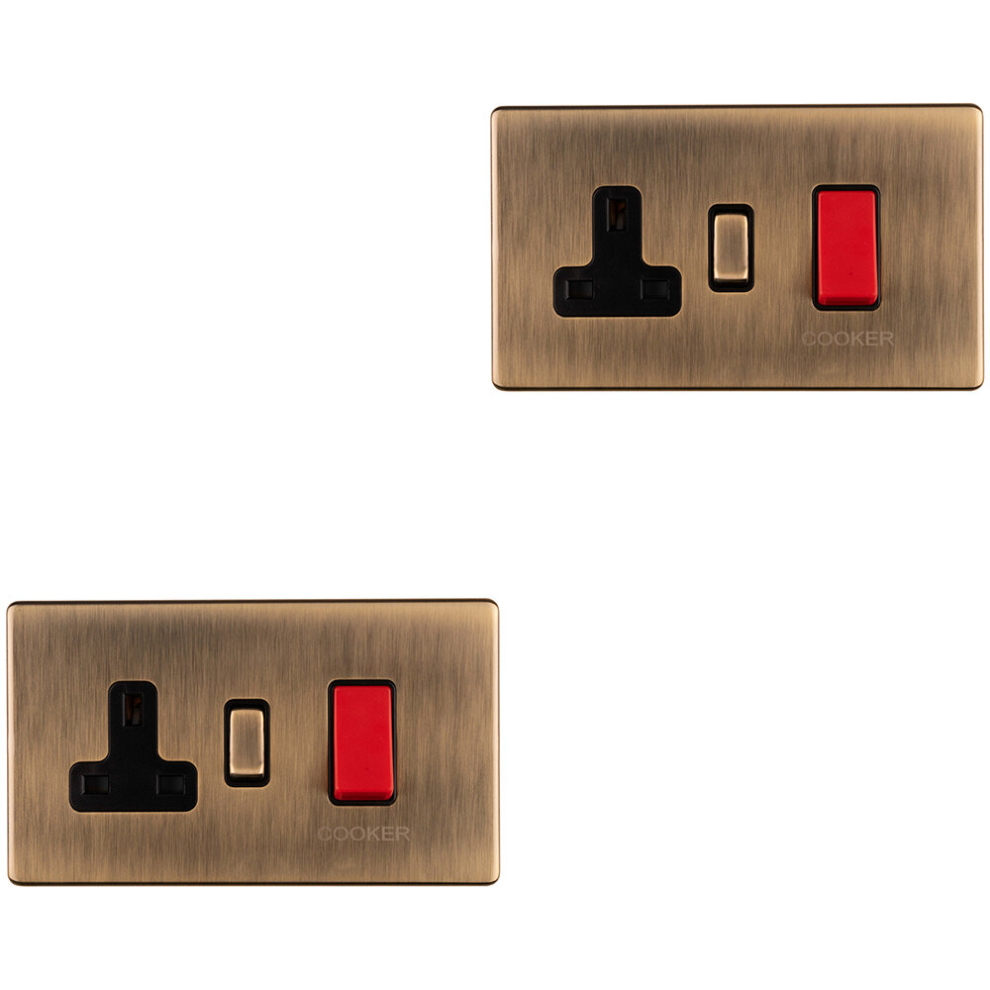 2 PACK 2 Gang Double SCREWLESS 45A Cooker Switch & 13A UK Socket ANTIQUE BRASS