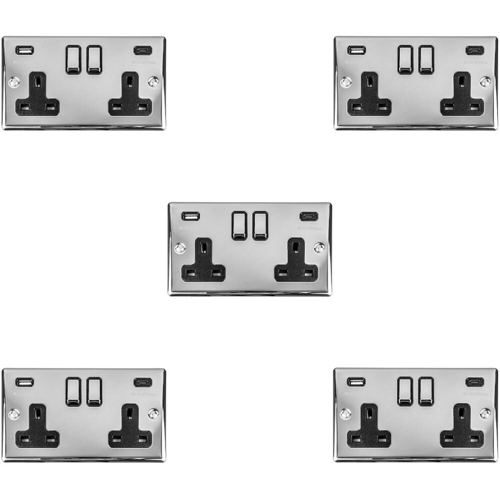 5 PACK 2 Gang Double UK Plug Socket & Dual 3.1A USB-C & A CHROME 13A Switched