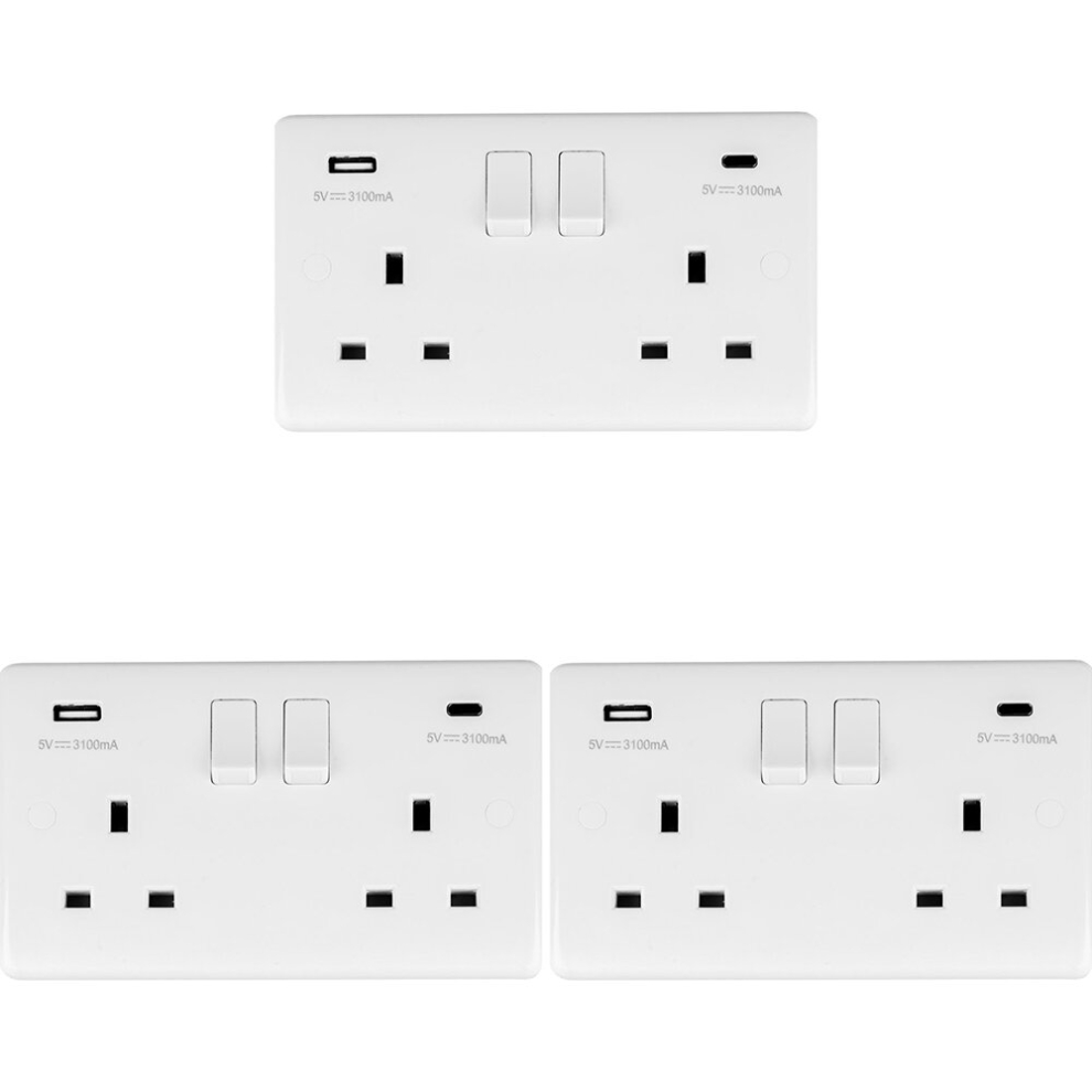 3 PACK 2 Gang UK Plug Socket & Dual 3.1A USB-C & A WHITE PLASTIC 13A Switched