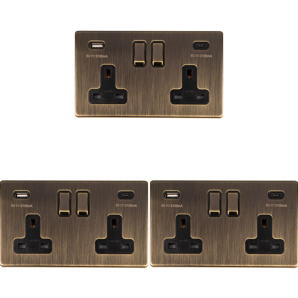 3 PACK 2 Gang Double 13A UK Plug Socket & 2x 3.1A USB-C SCREWLESS ANTIQUE BRASS