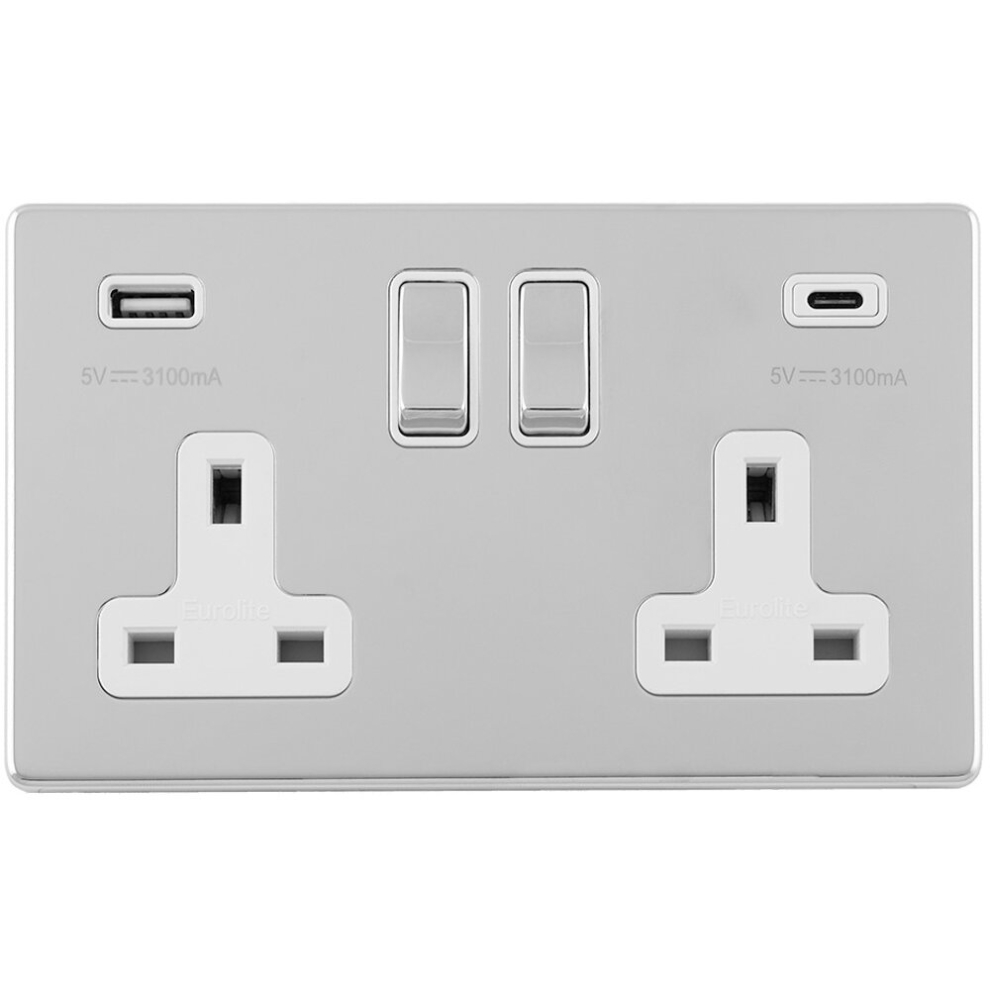 2 Gang Double 13A UK Plug Socket & 2x 3.1A USB-C USB-A SCREWLESS CHROME Charger