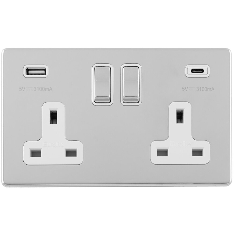 2 Gang Double 13A Uk Plug Socket & 2X 3.1A Usb-C Usb-A Screwless Chrome Charger 5056581976215