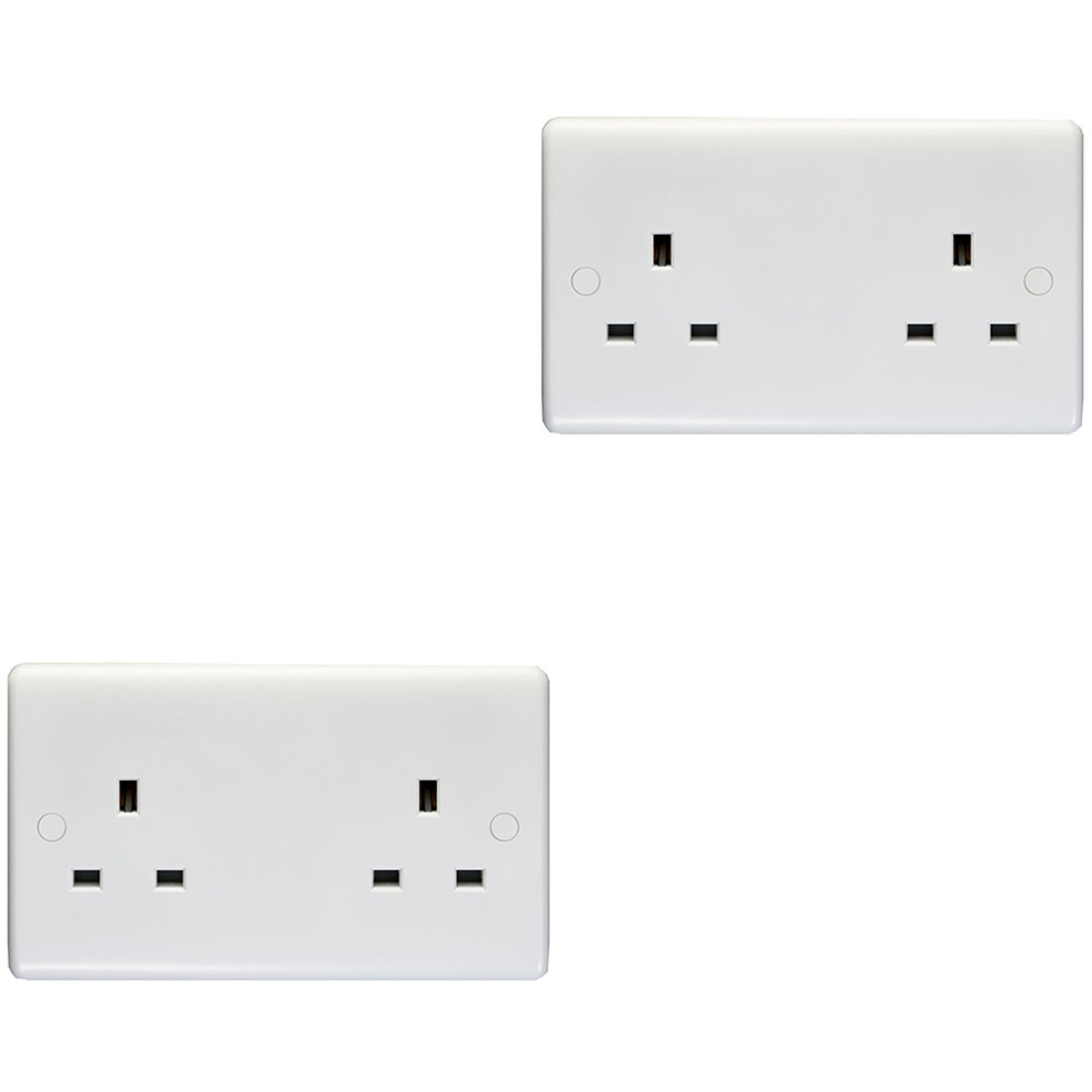 2 PACK 2 Gang Double 13A Unswitched UK Plug Socket - WHITE Wall Power Outlet