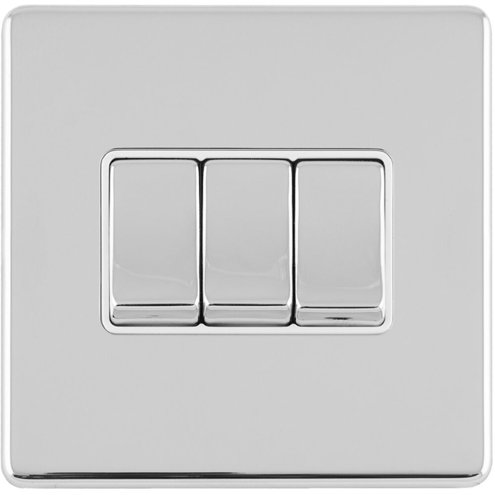 3 Gang Triple Light Switch SCREWLESS POLISHED CHROME 2 Way 10A Metal Rocker Slim